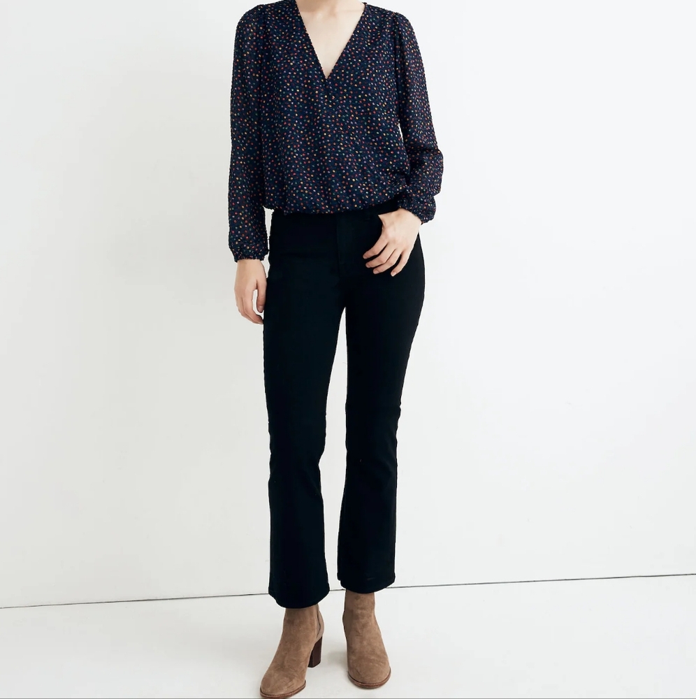 Madewell Lyric Wrap Long Sleeve Top in Confetti Dot Dark Nightfall Size Small - Picture 2 of 13